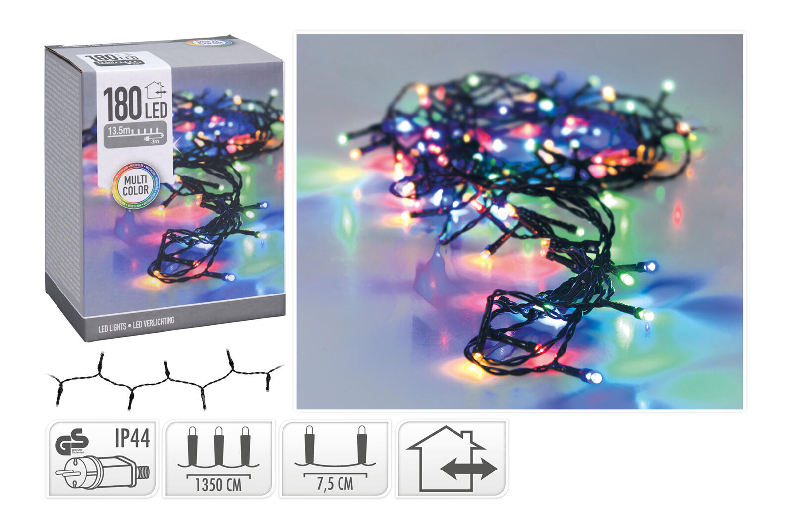 osvětlení vánoční 13,5m 180LED barevné, ZE IP44